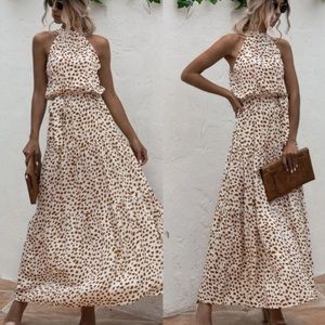 Boho cream brown dot belted halter maxi dress
